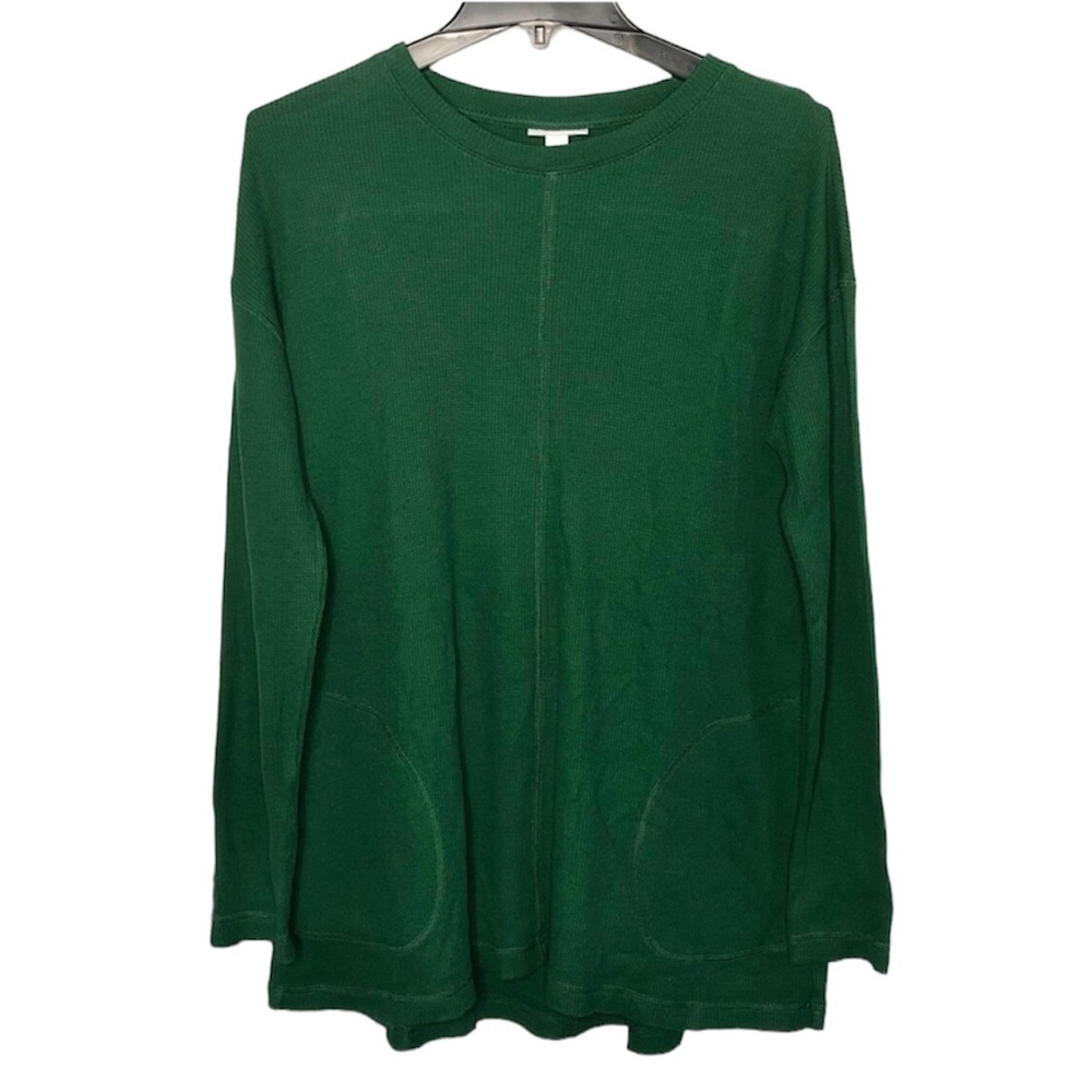 J. JILL | Forest Green Thermal Knit Long Sleeve Tunic Top Pocket Detail Shirt